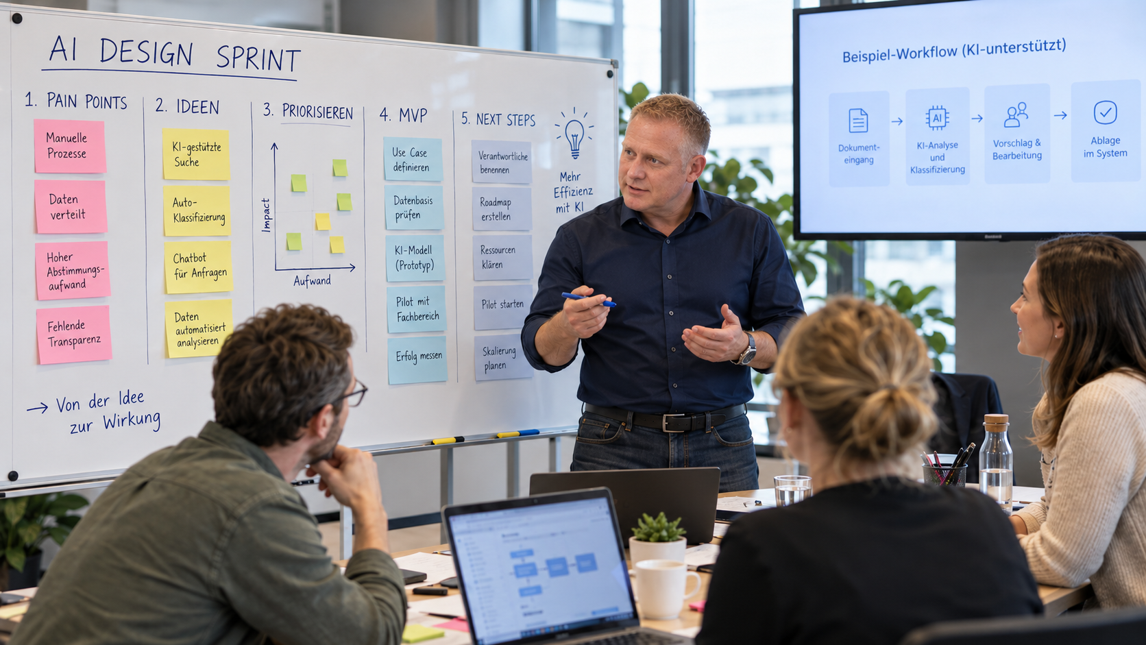Stephan, without a jacket, facilitates an AI Design Sprint with three participants. Together, they explore problems, ideas, priorities and an MVP at a whiteboard.